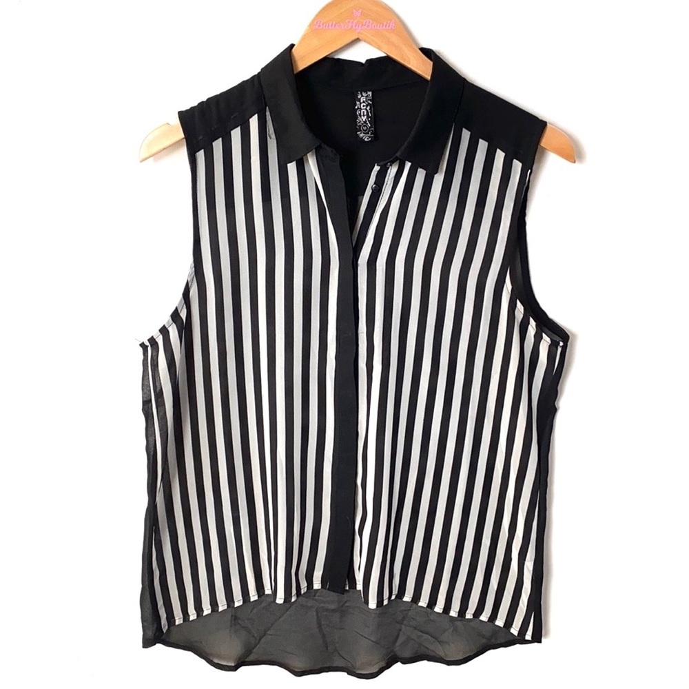 FCNY Sleeveless Striped black and white sheer Hi-Low Blouse, Size M, NWOT